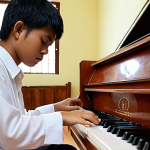 **A student practicing diligently:** A focused young Thai musician practicing their instrument (piano/guitar/Thai instrument) in a well-lit room. Sheet music is visible. Emphasis on dedication and concentration.