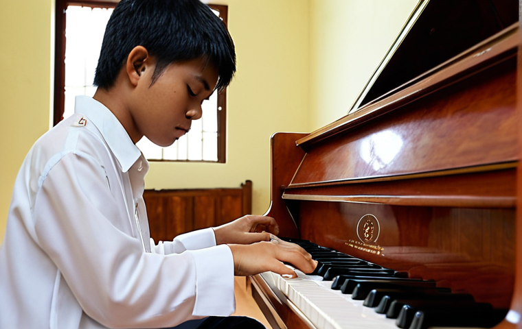**A student practicing diligently:** A focused young Thai musician practicing their instrument (piano/guitar/Thai instrument) in a well-lit room. Sheet music is visible. Emphasis on dedication and concentration.