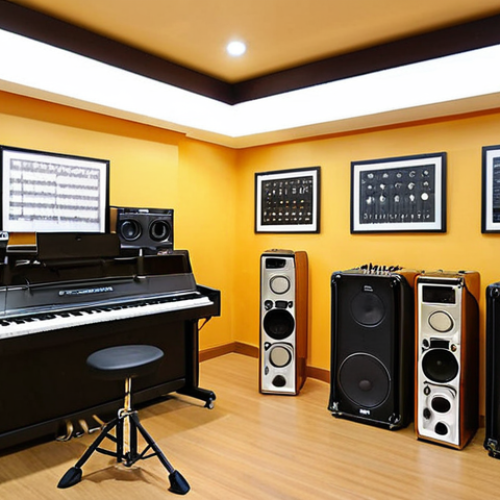 ** A well-equipped music practice room in Bangkok, Thailand, featuring modern instruments, good acoustics, and a comfortable atmosphere. Focus on showing the clean and organized space.

**