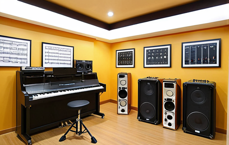** A well-equipped music practice room in Bangkok, Thailand, featuring modern instruments, good acoustics, and a comfortable atmosphere. Focus on showing the clean and organized space.

**