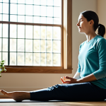 A creative professional, fully clothed in modest, comfortable attire, taking a serene moment of reflection in a sunlit, organized home studio. They are engaged in a quiet activity like mindful breathing or gentle stretching, with a subtle musical instrument in the background. The scene emphasizes well-being, self-care, and a healthy work-life balance. Perfect anatomy, correct proportions, natural pose, well-formed hands, proper finger count. Professional photography, high quality, safe for work, appropriate content, fully clothed, modest, family-friendly.