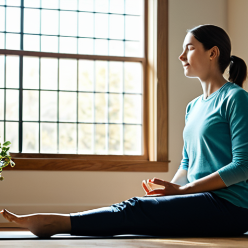 A creative professional, fully clothed in modest, comfortable attire, taking a serene moment of reflection in a sunlit, organized home studio. They are engaged in a quiet activity like mindful breathing or gentle stretching, with a subtle musical instrument in the background. The scene emphasizes well-being, self-care, and a healthy work-life balance. Perfect anatomy, correct proportions, natural pose, well-formed hands, proper finger count. Professional photography, high quality, safe for work, appropriate content, fully clothed, modest, family-friendly.