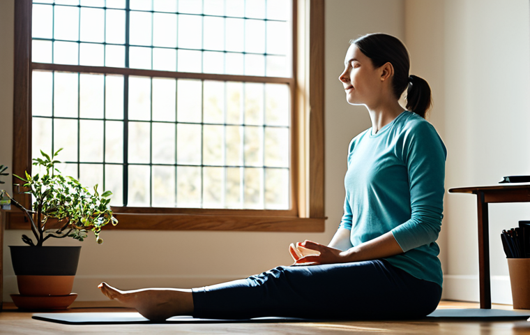 A creative professional, fully clothed in modest, comfortable attire, taking a serene moment of reflection in a sunlit, organized home studio. They are engaged in a quiet activity like mindful breathing or gentle stretching, with a subtle musical instrument in the background. The scene emphasizes well-being, self-care, and a healthy work-life balance. Perfect anatomy, correct proportions, natural pose, well-formed hands, proper finger count. Professional photography, high quality, safe for work, appropriate content, fully clothed, modest, family-friendly.