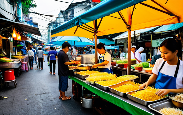 **

"A vibrant street food market scene in Bangkok, Thailand. Vendors are preparing Pad Thai and Mango Sticky Rice. Focus on the colorful ingredients and bustling atmosphere. Safe for work, appropriate content, fully clothed, professional photography, natural proportions."

**