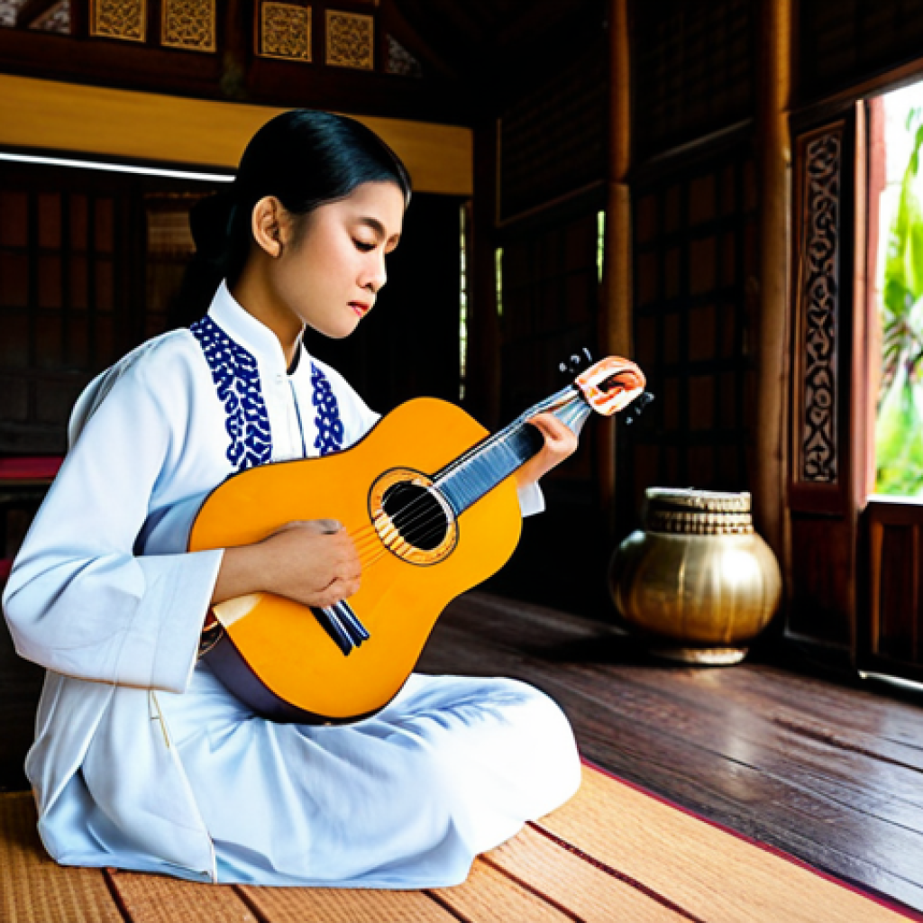 연주가로서 다양한 경력을 쌓는 방법 - **Subject:** A Thai musician practicing the *phin* (Thai lute) in a traditional Thai house, fully cl...