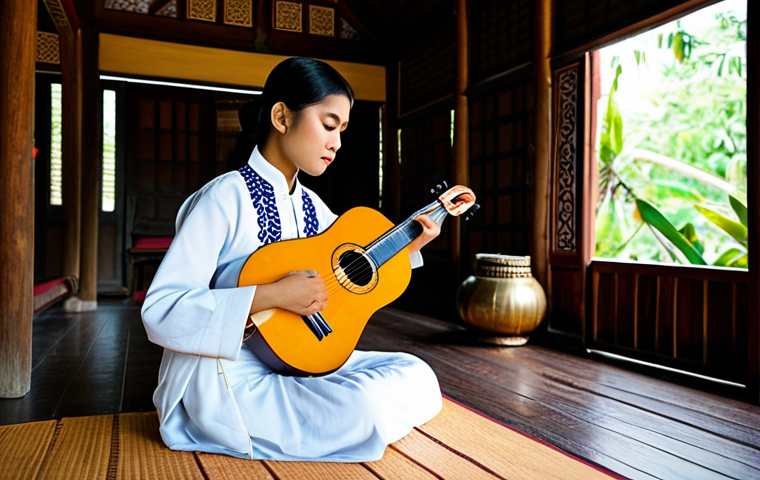 연주가로서 다양한 경력을 쌓는 방법 - **Subject:** A Thai musician practicing the *phin* (Thai lute) in a traditional Thai house, fully cl...