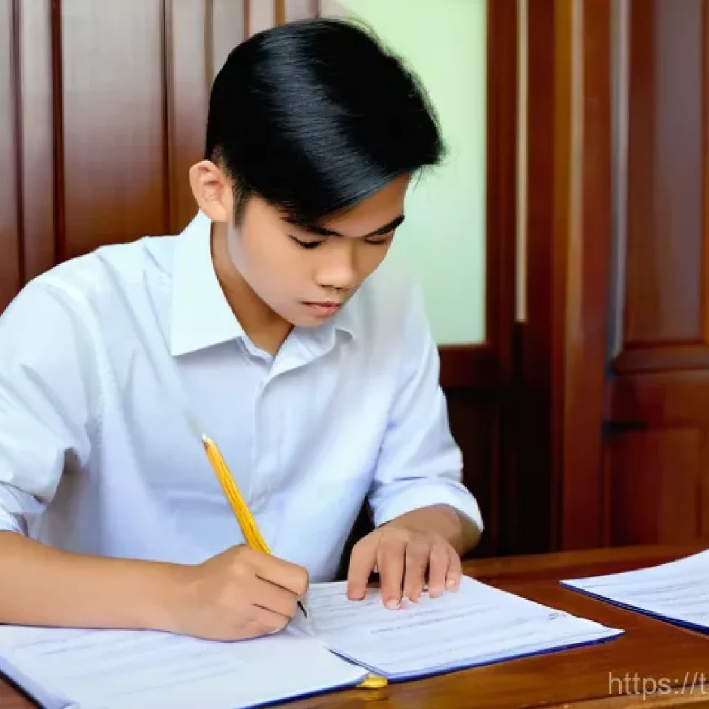 연주가 시험 접수 시 유의사항 - A focused young Thai student, dressed in a modest and smart casual outfit, sits at a clean, wooden d...