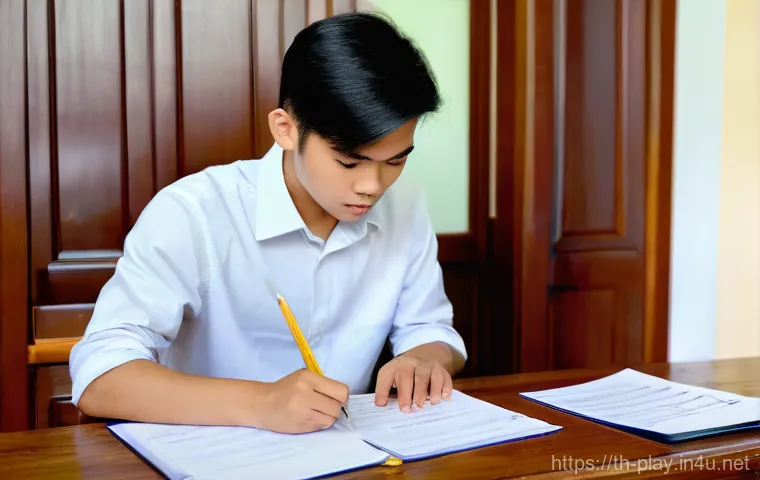연주가 시험 접수 시 유의사항 - A focused young Thai student, dressed in a modest and smart casual outfit, sits at a clean, wooden d...