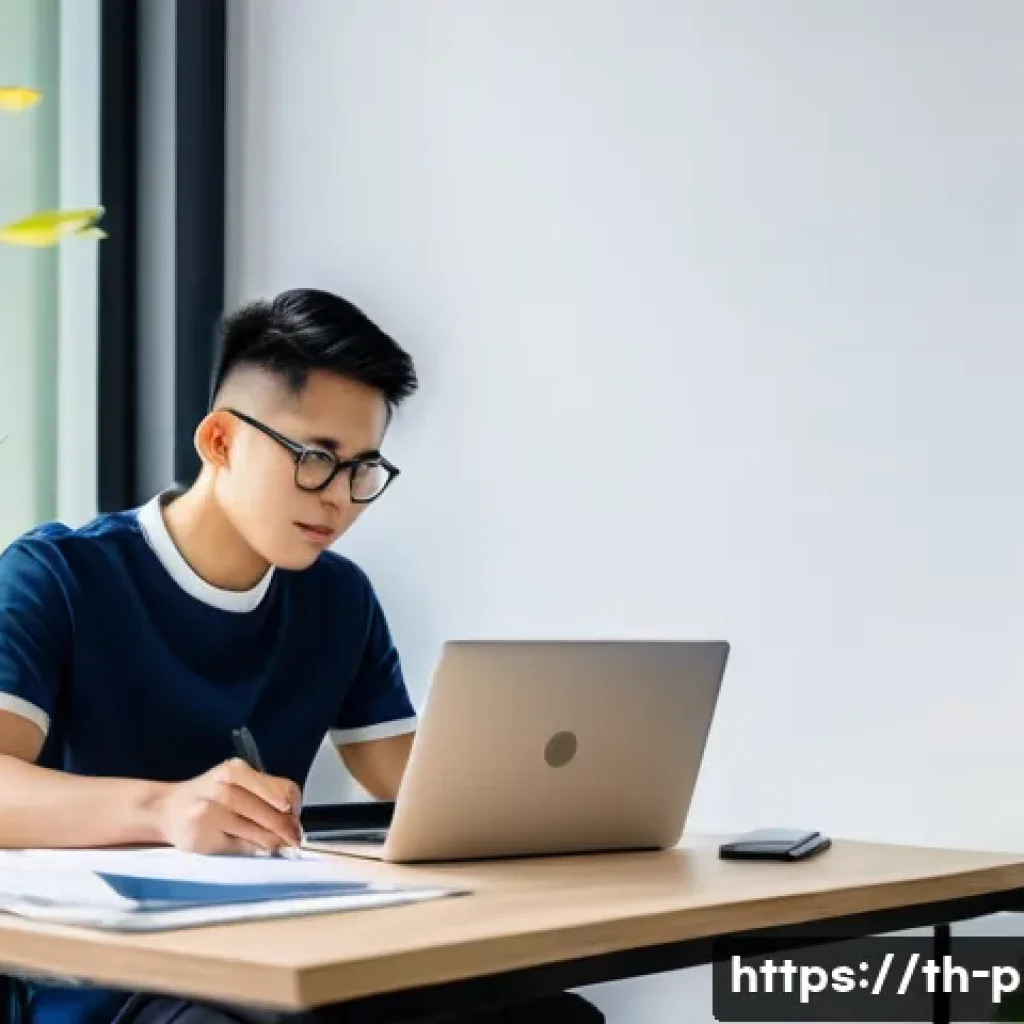 연주가 업무 스트레스 관리법 - A modern office setting featuring a young Thai professional sitting at a desk with a laptop and plan...