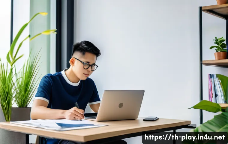 연주가 업무 스트레스 관리법 - A modern office setting featuring a young Thai professional sitting at a desk with a laptop and plan...