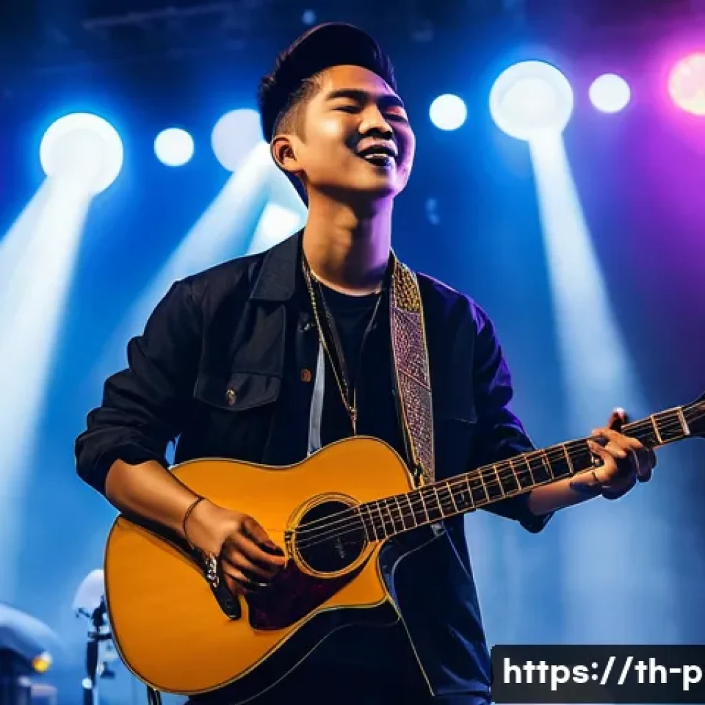 연주가로서 업계에서 인정받는 방법 - A young Thai musician in a trendy casual outfit, confidently performing on stage with a guitar, vibr...