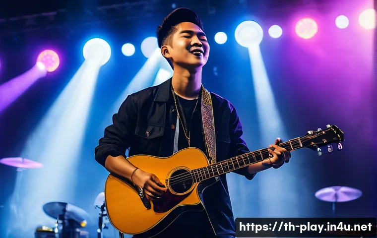 연주가로서 업계에서 인정받는 방법 - A young Thai musician in a trendy casual outfit, confidently performing on stage with a guitar, vibr...