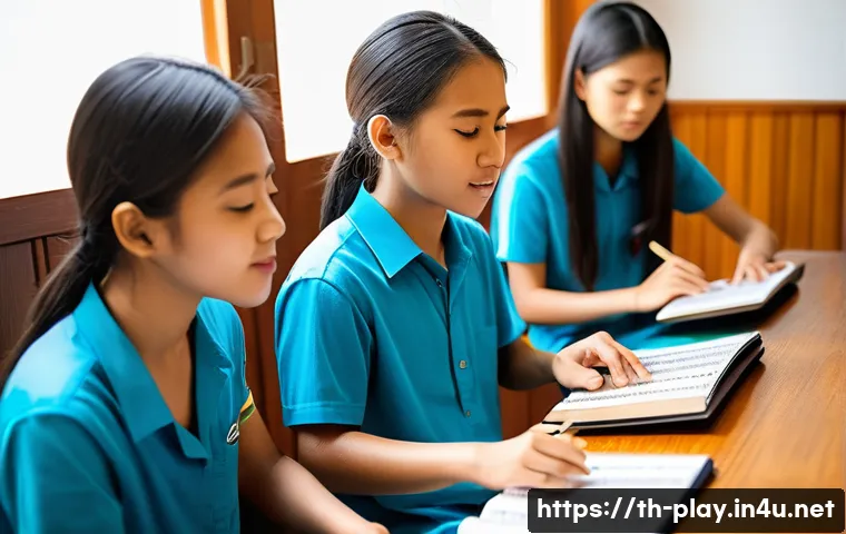 연주가 시험 대비 스터디 그룹 운영법 - A diverse study group of 4 young Thai students practicing music together in a cozy, well-lit room wi...