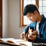 연주가 실기 준비 꿀팁 - A young Thai musician practicing guitar indoors in a well-lit, quiet room with natural sunlight stre...