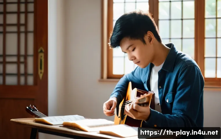 연주가 실기 준비 꿀팁 - A young Thai musician practicing guitar indoors in a well-lit, quiet room with natural sunlight stre...