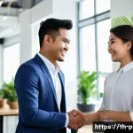 연주가 이직 후 직무 적응 노하우 - A modern Thai office scene featuring diverse young professionals greeting each other warmly with fri...