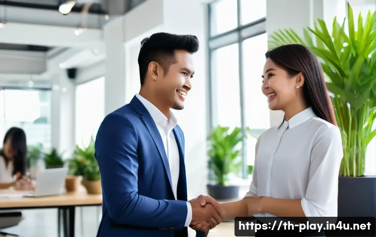 연주가 이직 후 직무 적응 노하우 - A modern Thai office scene featuring diverse young professionals greeting each other warmly with fri...