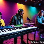 연주가가 알아야 할 최신 음악 이론 - A modern music studio scene featuring a diverse group of young musicians experimenting with unexpect...
