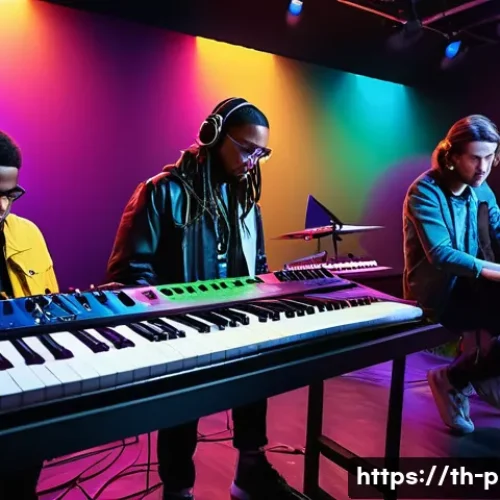 Home 32 연주가가 알아야 할 최신 음악 이론 - A modern music studio scene featuring a diverse group of young musicians experimenting with unexpect...