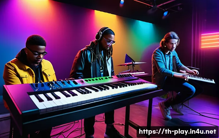 연주가가 알아야 할 최신 음악 이론 - A modern music studio scene featuring a diverse group of young musicians experimenting with unexpect...