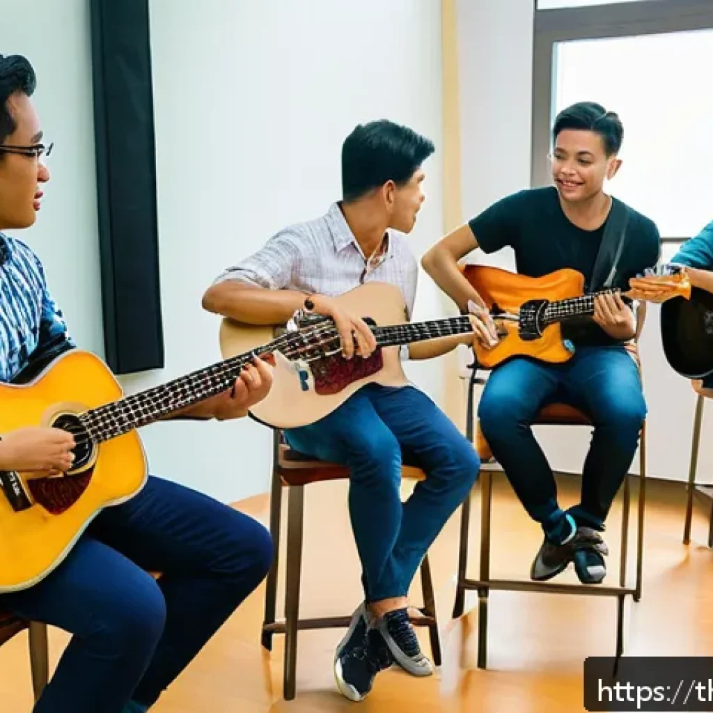 연주가를 위한 실무 워크숍 소개 - A professional music workshop scene in Bangkok, Thailand, showing a diverse group of adult musicians...
