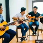 연주가를 위한 실무 워크숍 소개 - A professional music workshop scene in Bangkok, Thailand, showing a diverse group of adult musicians...