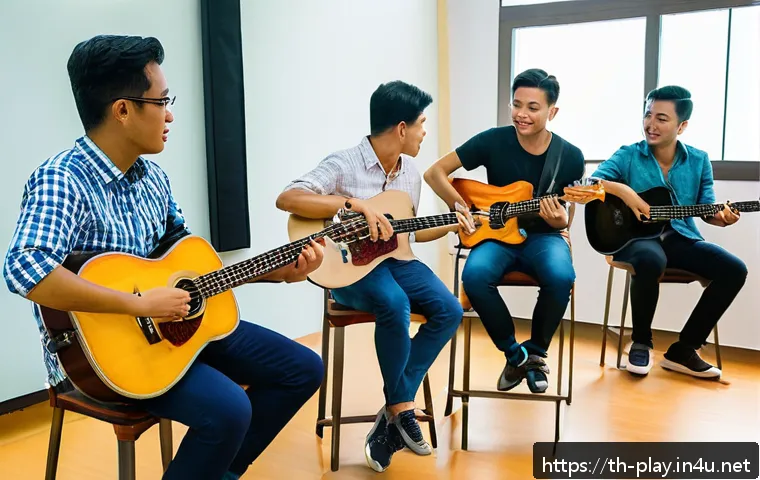 연주가를 위한 실무 워크숍 소개 - A professional music workshop scene in Bangkok, Thailand, showing a diverse group of adult musicians...