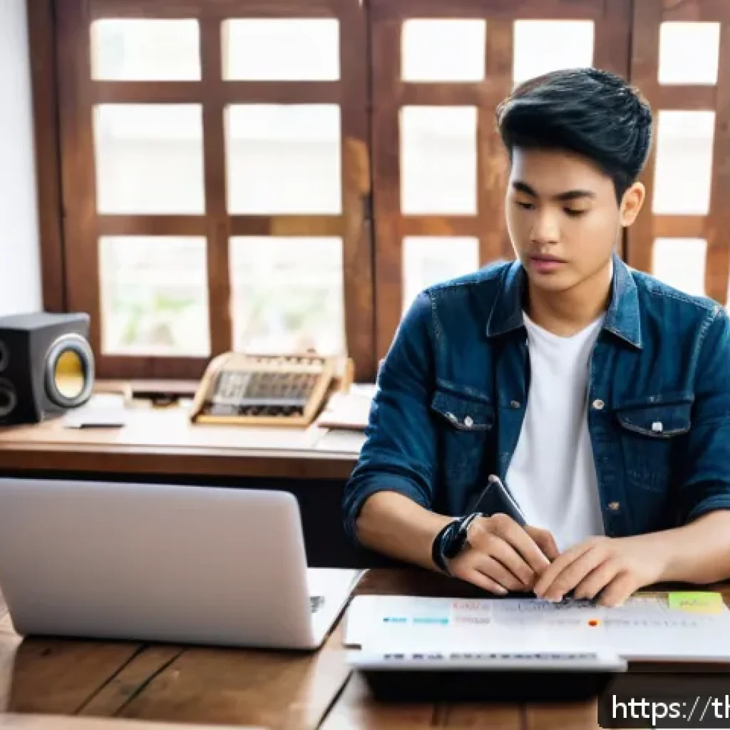 연주가가 알아야 할 프로젝트 관리 방법 - A focused young musician in casual comfortable clothing, sitting at a cluttered wooden desk with a l...