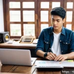 연주가가 알아야 할 프로젝트 관리 방법 - A focused young musician in casual comfortable clothing, sitting at a cluttered wooden desk with a l...