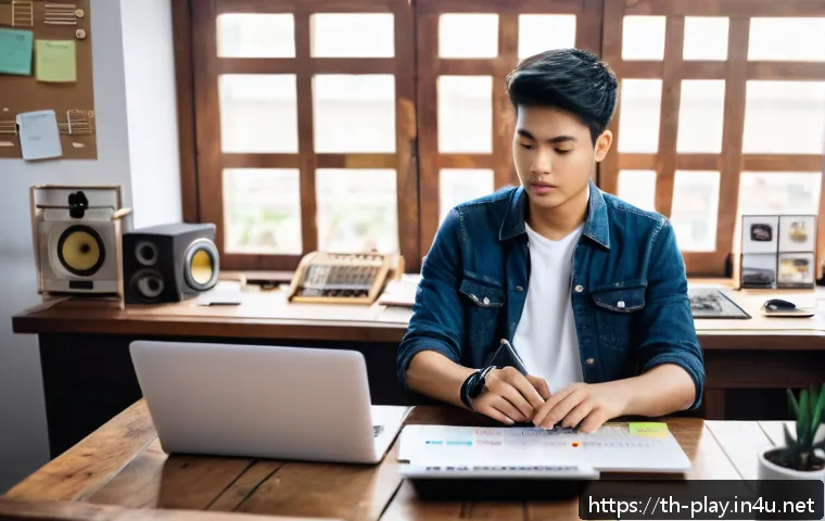 연주가가 알아야 할 프로젝트 관리 방법 - A focused young musician in casual comfortable clothing, sitting at a cluttered wooden desk with a l...
