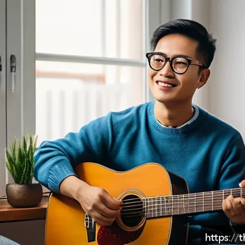 Home 29 연주가의 하루 업무 스케줄 - A professional musician practicing guitar in a cozy, well-organized home studio, sitting comfortably...