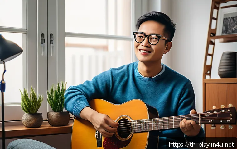 연주가의 하루 업무 스케줄 - A professional musician practicing guitar in a cozy, well-organized home studio, sitting comfortably...