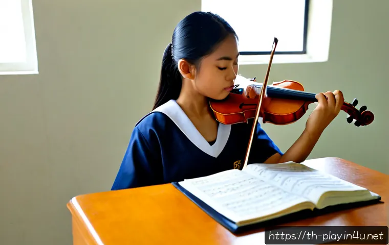 연주가 실기 시험 대비 필수 아이템 - Photorealistic Thai high school violin student preparing for a practical music examination, seated i...