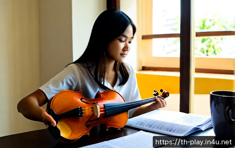 Home 17 연주가 자격 시험 후기 모음 - Photorealistic Thai young adult violinist at a tidy home study desk, thoughtfully comparing several ...