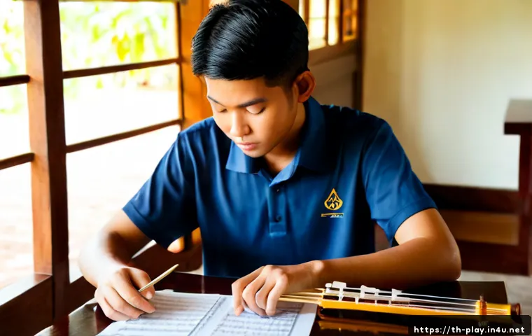 Home 17 연주가 이론 시험 필수 기출문제 - Photorealistic Thai classical music student preparing for a performance theory exam, seated at a tid...