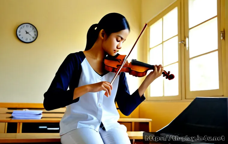 연주가 실기 시험 준비에 필요한 시간 관리법 - Photorealistic Thai university music student preparing for a violin performance exam, seated at a ti...