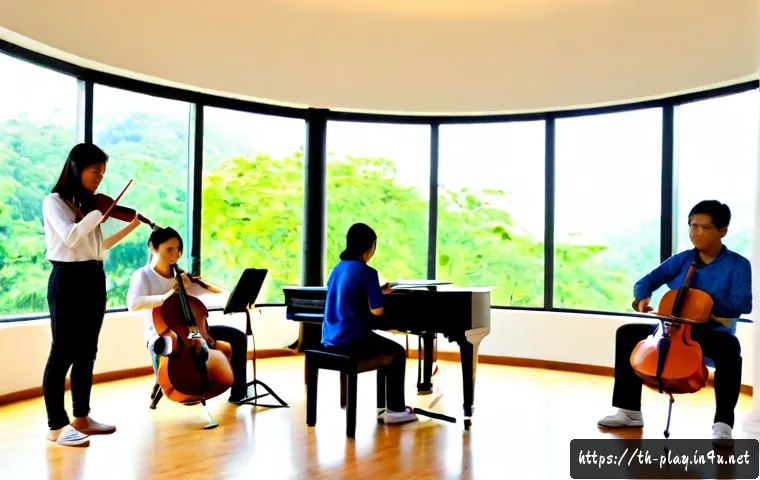 연주가 실기 시험 대비 그룹 연습 팁 - Photorealistic Thai university music students rehearsing for a practical performance exam in a brigh...
